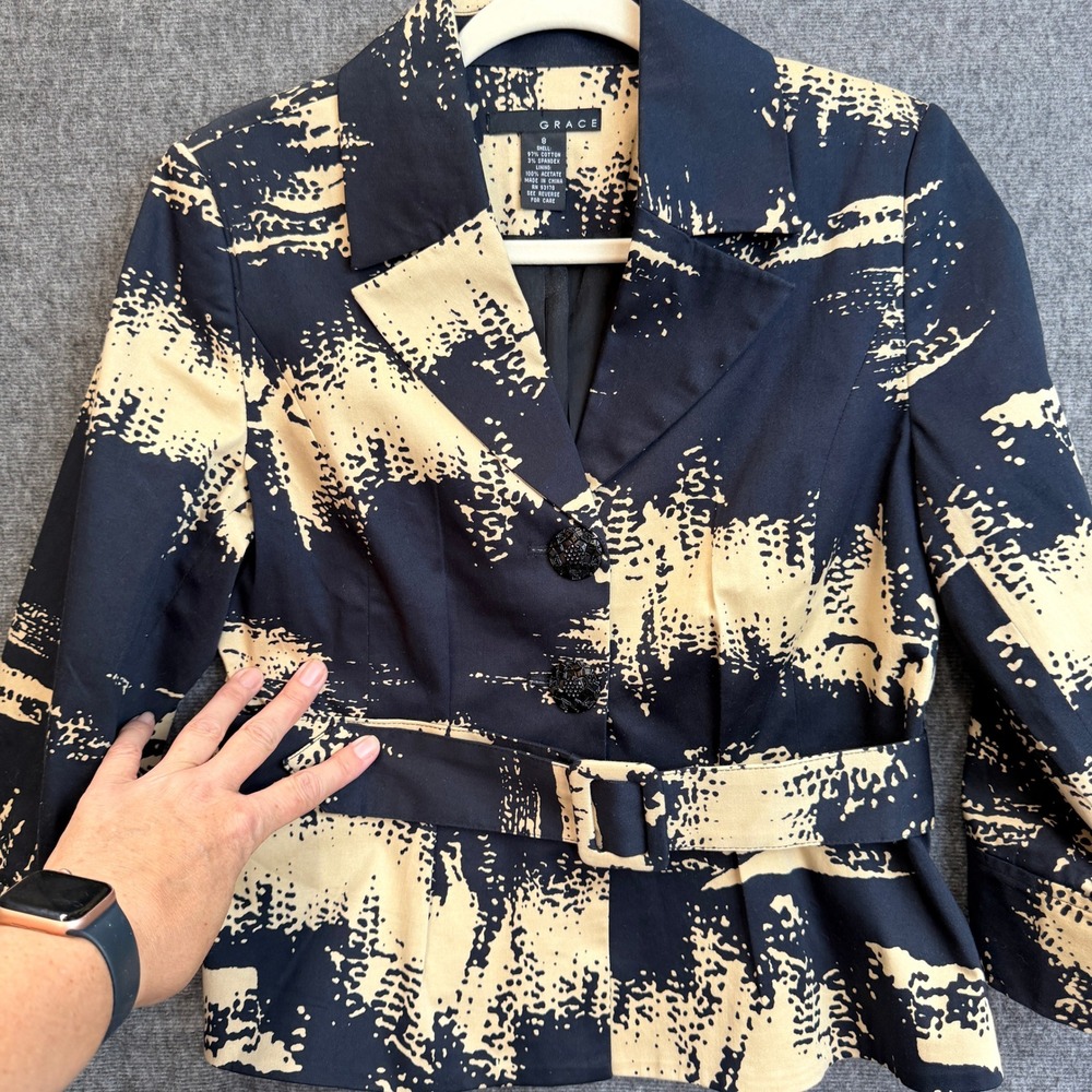 Grace Women Size 8 Black Cream Abstract Print Belted Blazer Cotton Blend Jacket - Picture 10 of 16